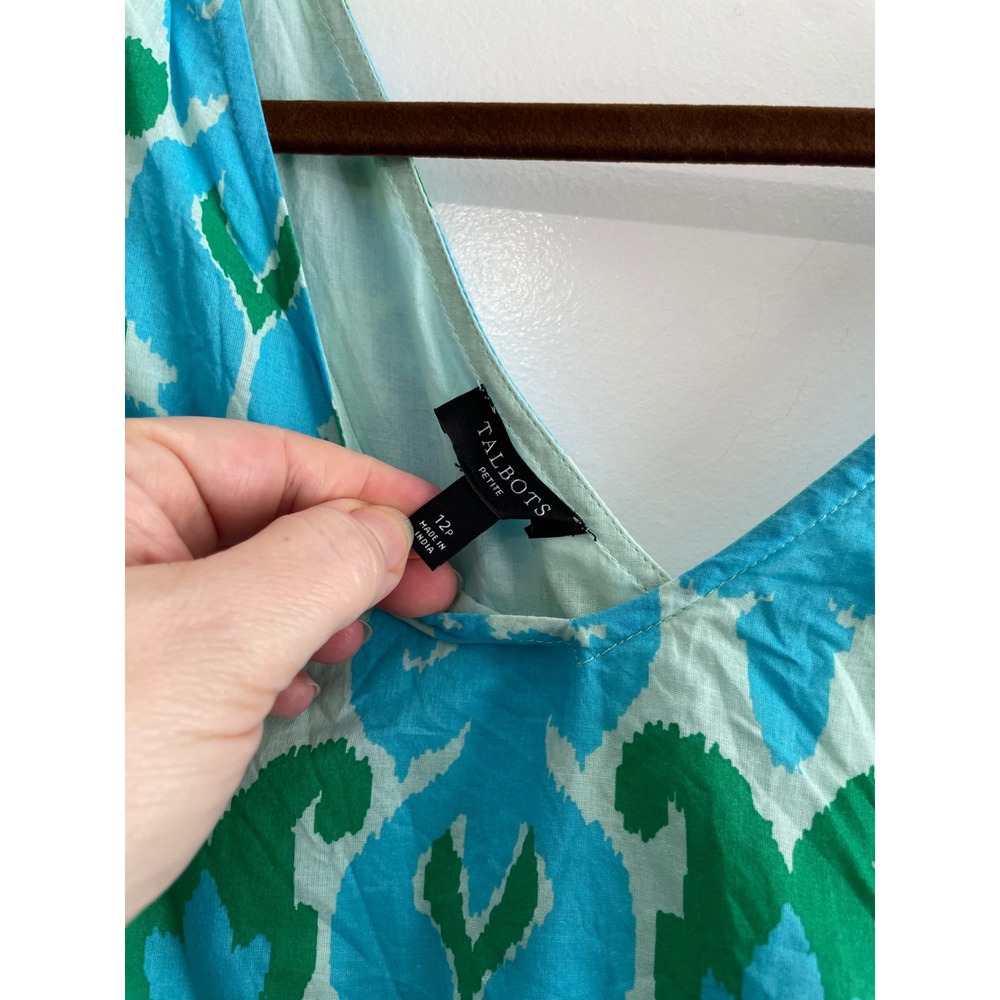 Talbots Petite Blue Green Ikat Cotton Tiered Midi Dress 12P Sleeveless V-Neck - Picture 6 of 10